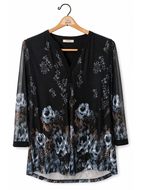Tangsuan Tops - Tangsuan Womens Black Floral Print V-Neck Blouse With Sheer Sleeves 3/4 Length L